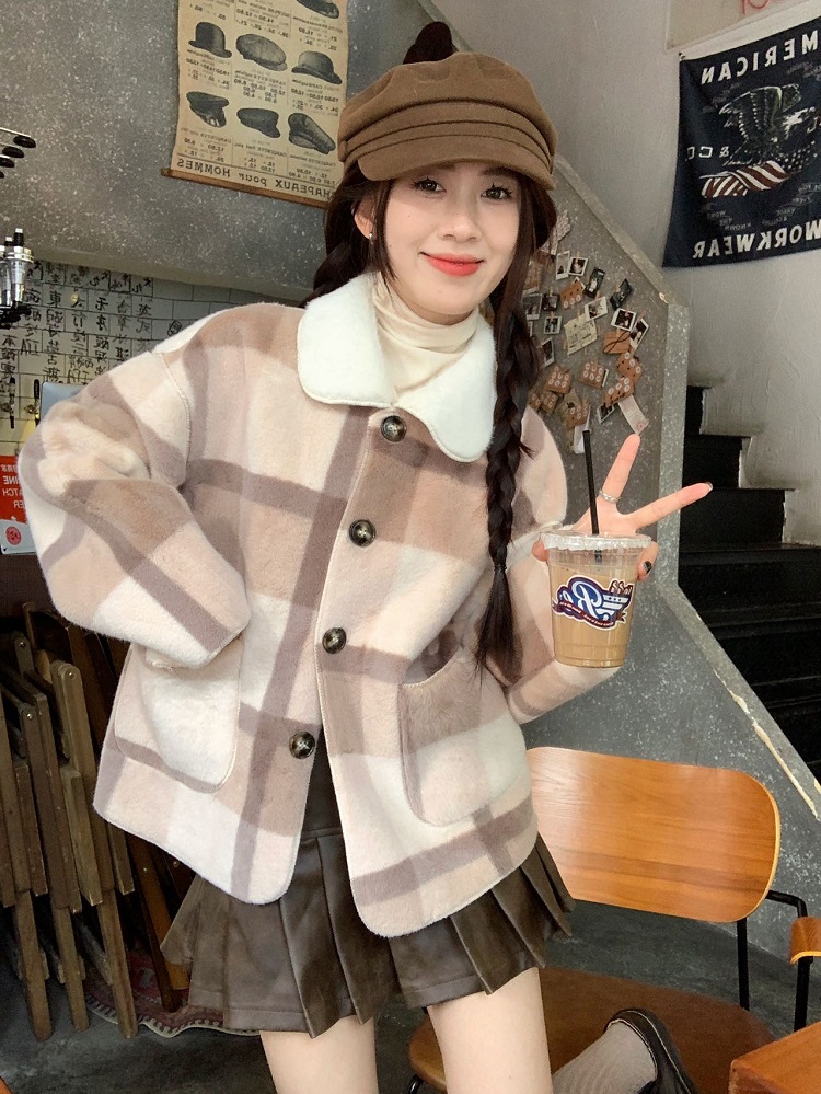 實拍 美拉德穿搭格子水貂絨外套秋冬新款小個子單排扣毛呢大衣