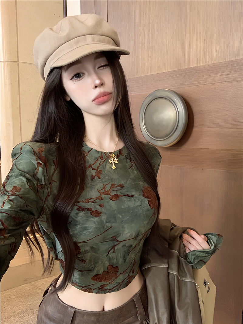 實拍~韓版碎花修身洋氣性感長袖內搭T恤抽繩設計感圓領上衣女