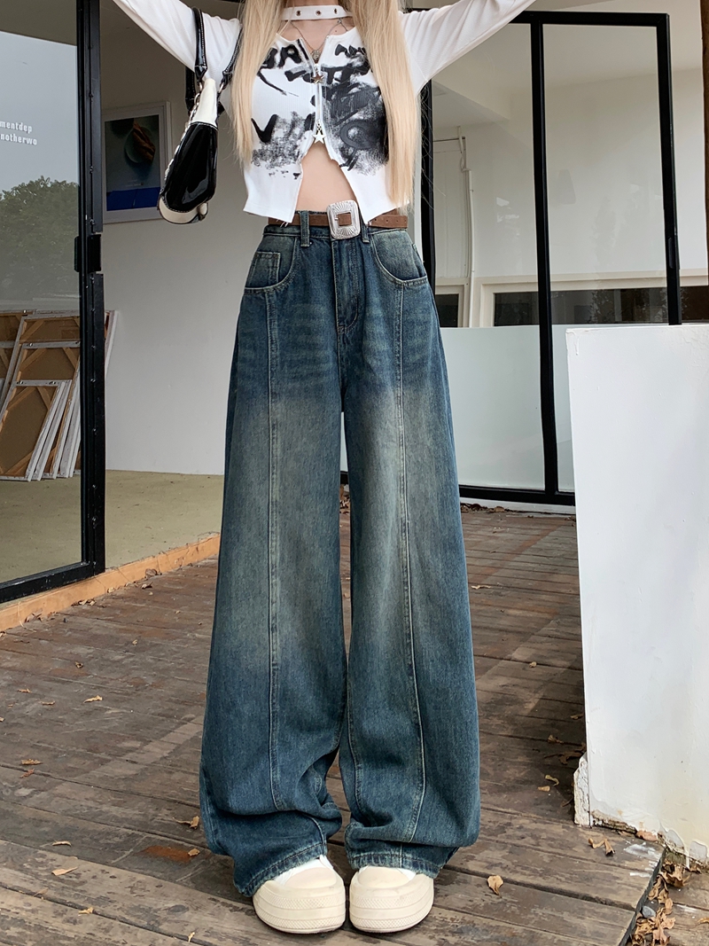 實拍#復古水洗美式闊腿牛仔長褲女設計感拼接拖地褲子