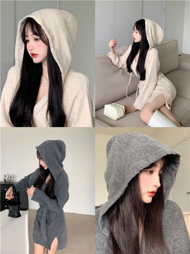 Real shot of elegant strappy sweater jacket long-sleeved sweater hooded dress