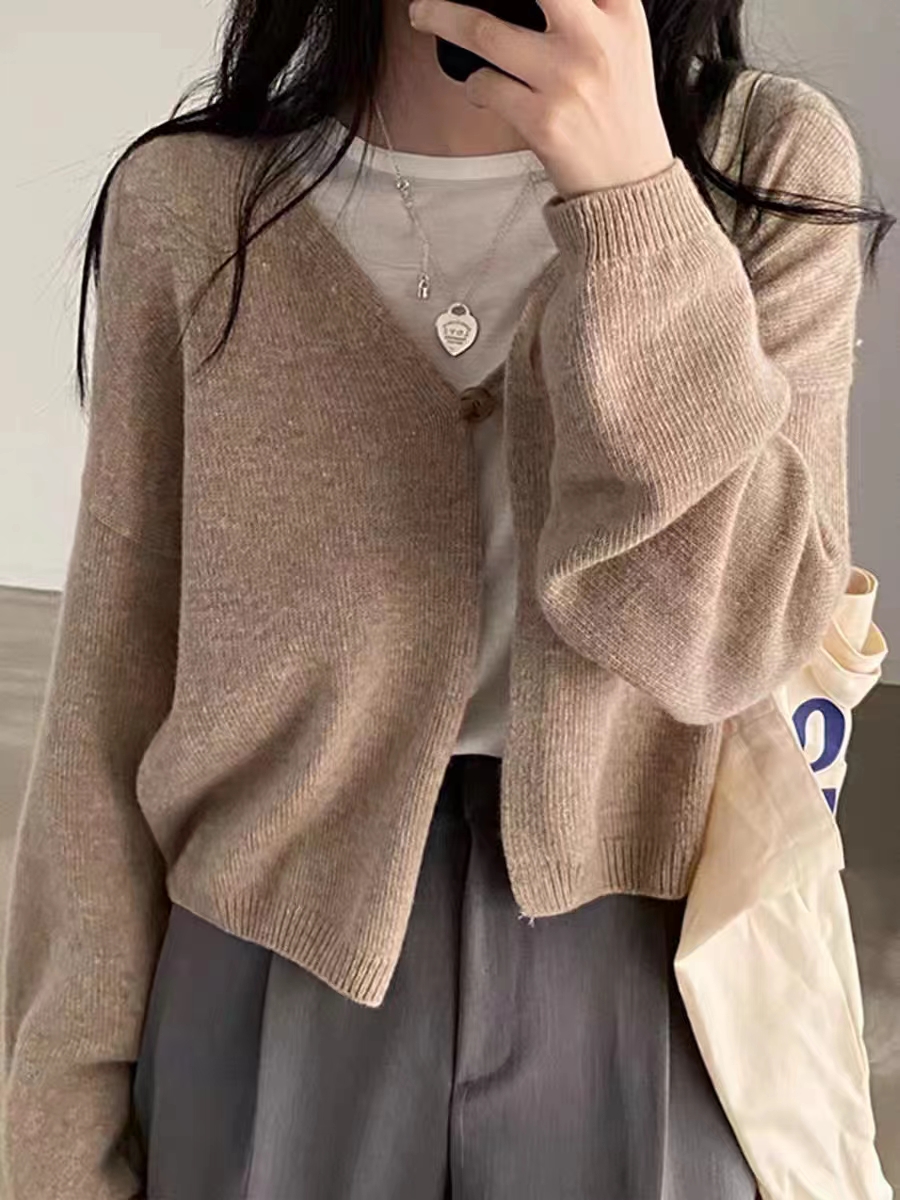 韓國chic秋冬新款慵懶風一粒扣設計寬鬆休閒純色長袖針織開衫女