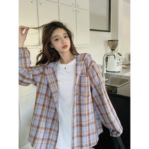 Real shot American retro plaid long-sleeved hooded shirt for women autumn loose outer shirt