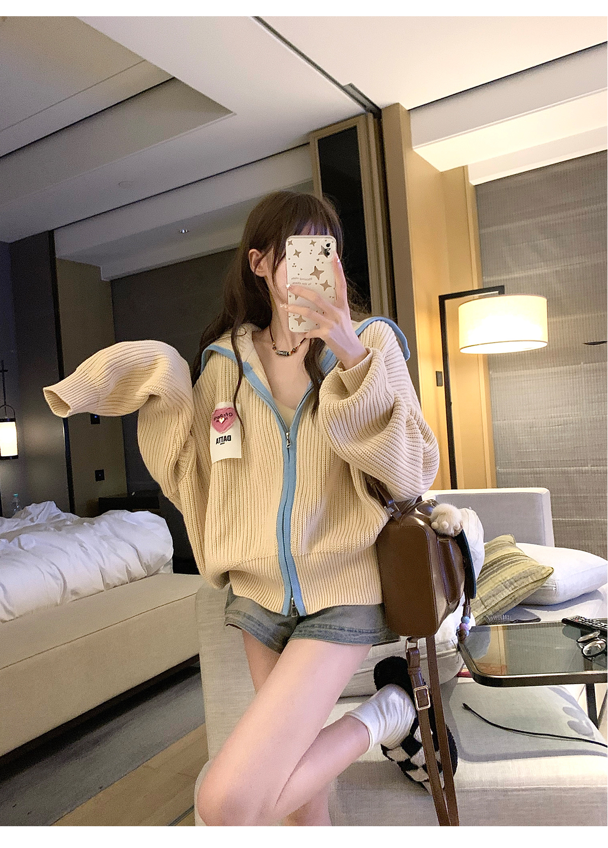 Autumn loose hooded knitted jacket autumn and winter small college style double zipper cardigan niche versatile design
