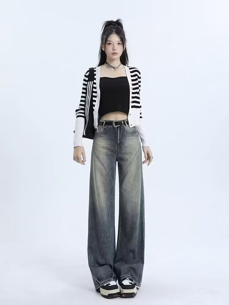 復古高腰牛仔褲女2023年新款美式高街設計感寬鬆顯瘦直筒闊腿褲子