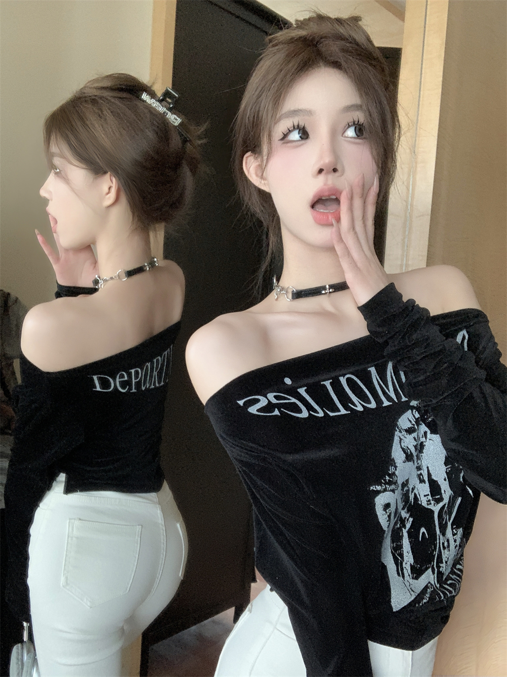 實拍~ 韓版時尚印花露肩短款修身顯瘦百搭長袖一字肩長袖T恤