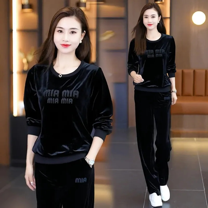 Autumn new style fashionable loose two-piece round neck pullover slim sports casual gold velvet suit for women