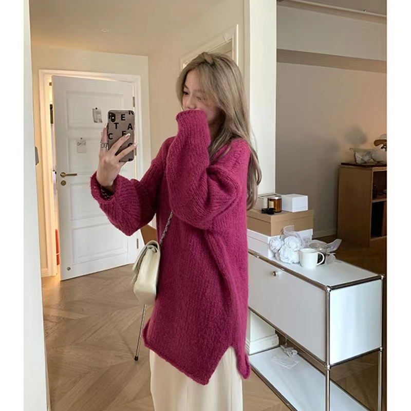 Korean style lazy style V-neck pullover sweater for women spring and autumn 2023 new loose mid-length sweater long-sleeved top