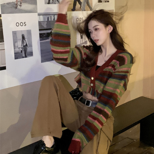 Retro Contrast Color Striped Sweater Women's Short Round Neck Pocket Hollow Hollow Knitted Cardigan Jacket