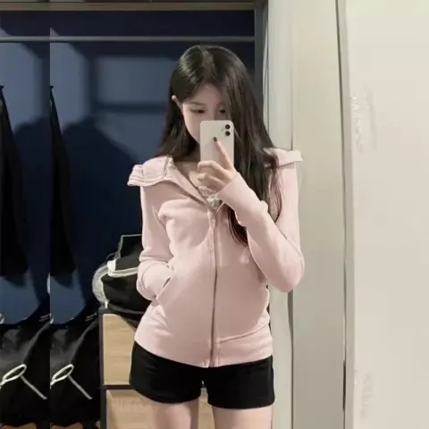 短款外套女2023新款秋季上衣修身衛衣春秋瑜伽服秋裝穿搭連帽運動