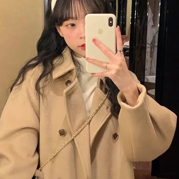 毛呢外套女中長款2023秋冬新款學院風韓版小個子寬鬆加厚呢子大衣