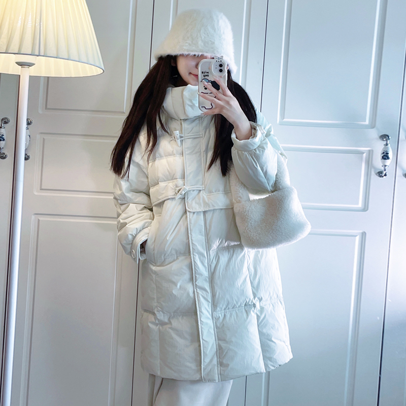 Korean style horn button winter new style down cotton coat for women mid-length hooded loose over-the-knee thickened cotton coat