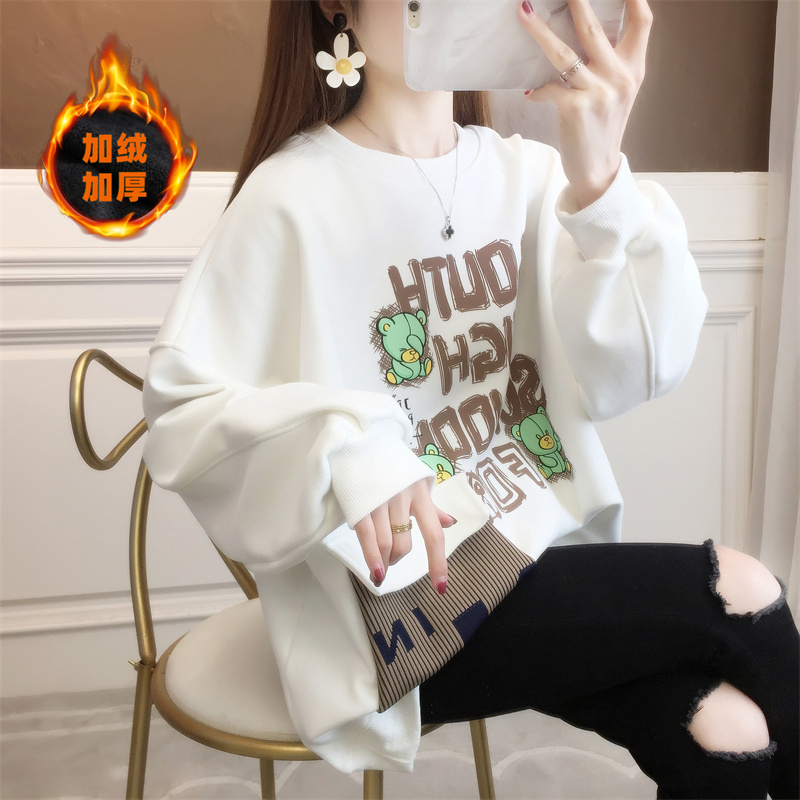 實拍秋冬新款韓版複合不起球310克印花寬鬆大碼女裝加絨衛衣女