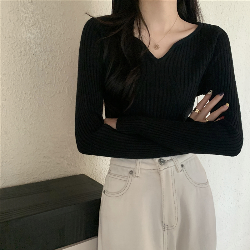 秋季2023新款黑色內搭修身緊身V領長袖打底衫上衣女百搭針織衫潮