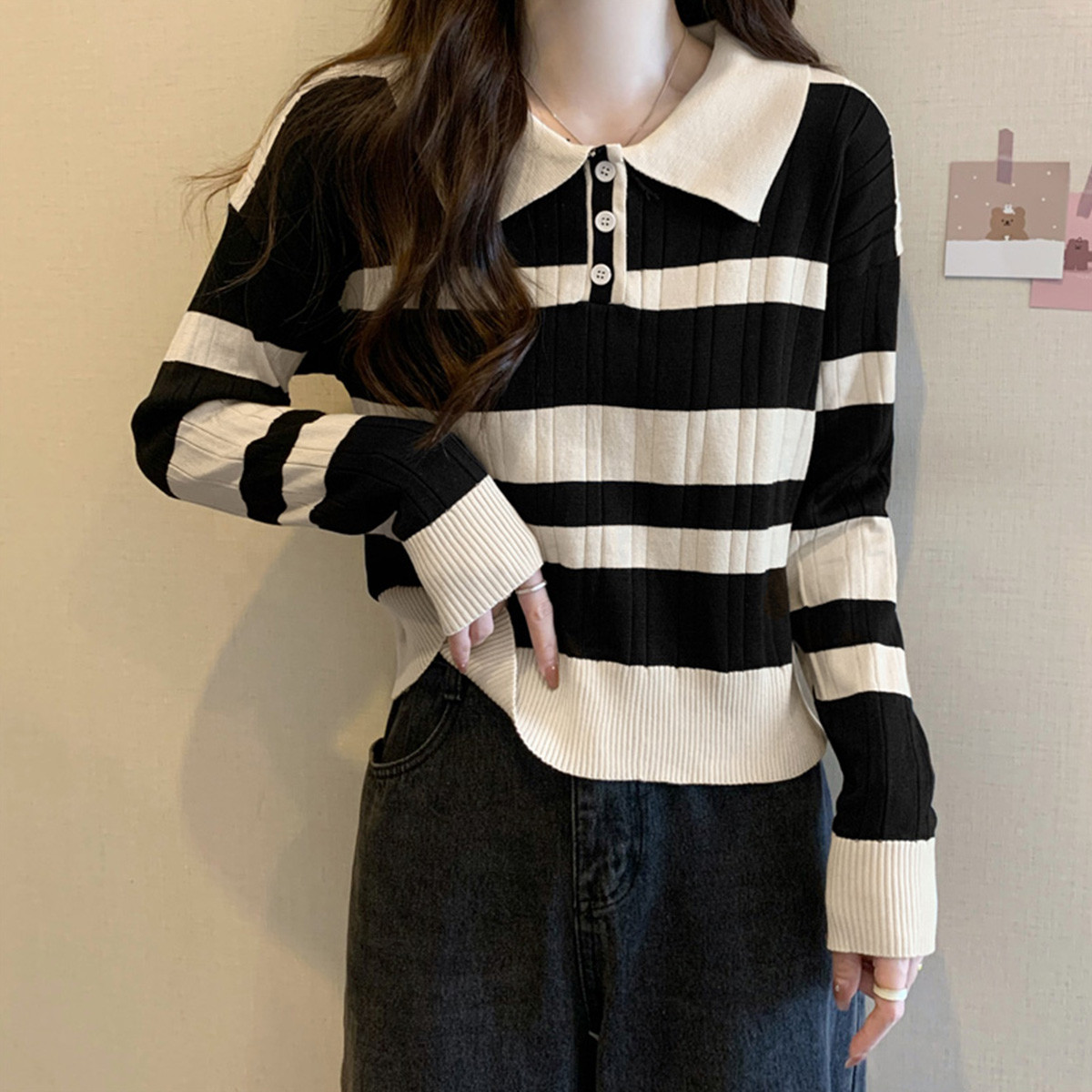 Quality Inspection Official Picture Niche POLO Collar Sweater Women's Autumn 2023 New Stripe Contrast Color Slim Long Sleeve Top