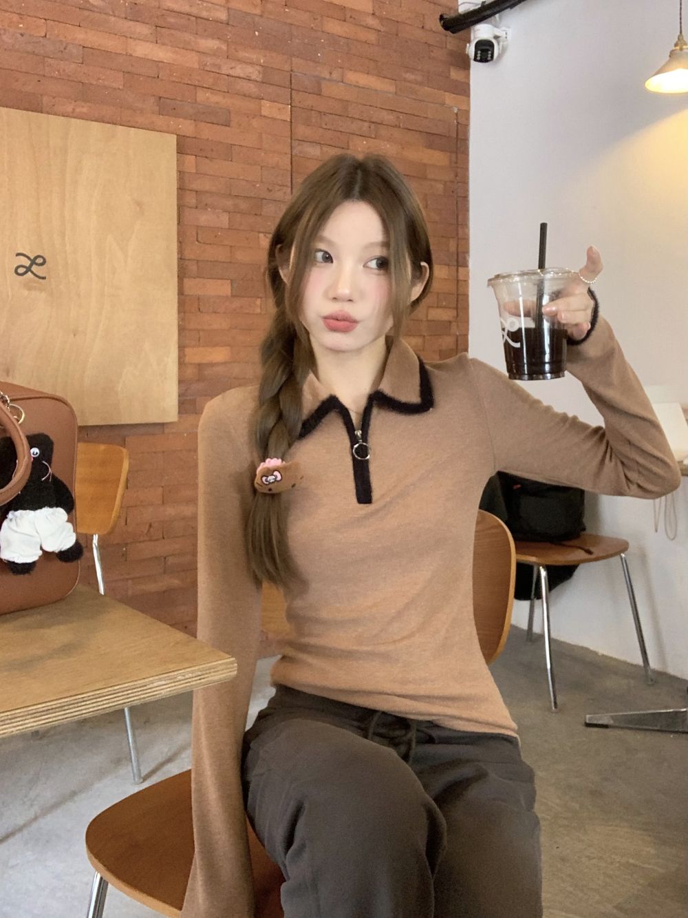 實拍三標齊設計感心機款撞色毛毛織帶小衫上衣女