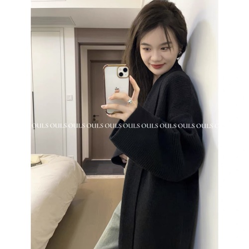 OULS lapel knitted jacket  new Korean style commuting mid-length long-sleeved lazy style sweater knitted jacket