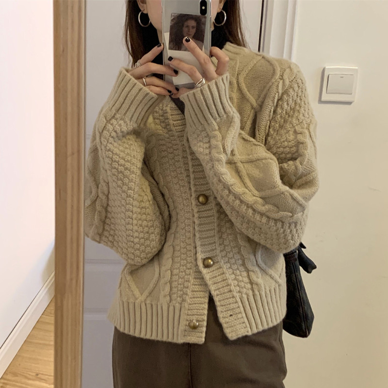 復古軟糯麻花加厚針織開衫女外套秋冬新款慵懶寬鬆粗線毛衣女外穿