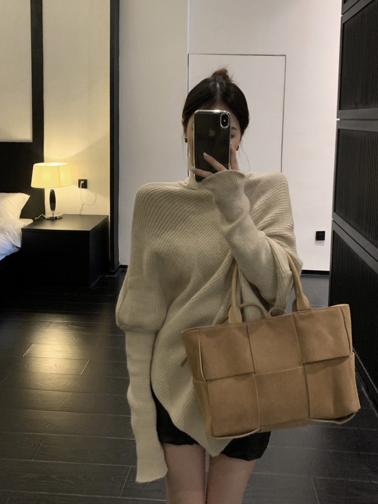 實拍 不規則設計感高領毛衣女秋冬寬鬆百搭小眾慵懶風針織衫