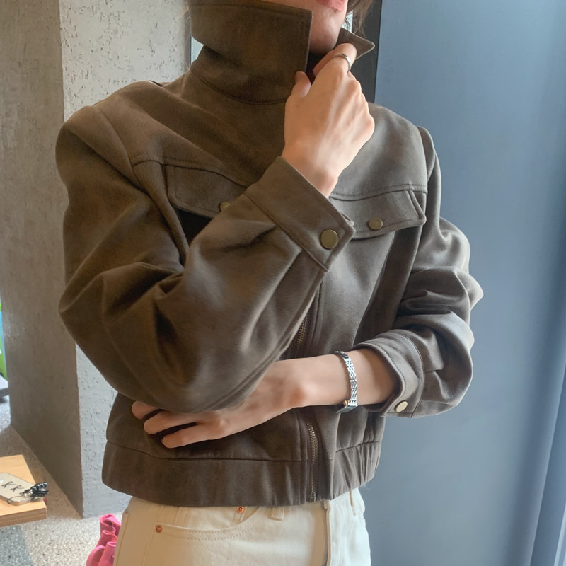 實拍 小眾復古 美式機車服鹿皮絨拉鏈短款上衣夾克外套
