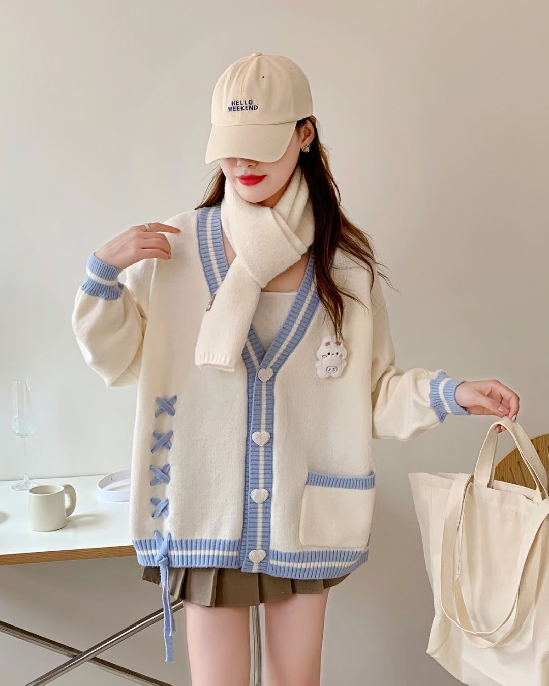 新款V領撞色邊寬鬆慵懶針織衫小眾設計感系帶麻花毛衣開衫女秋冬