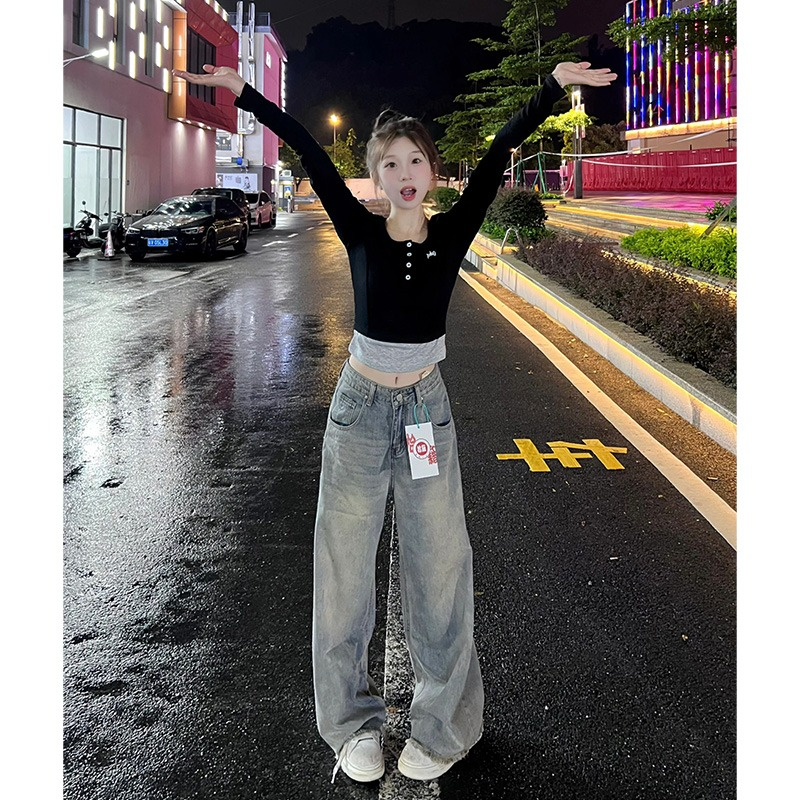 40支92棉8氨綸 假兩件長袖短款t恤女