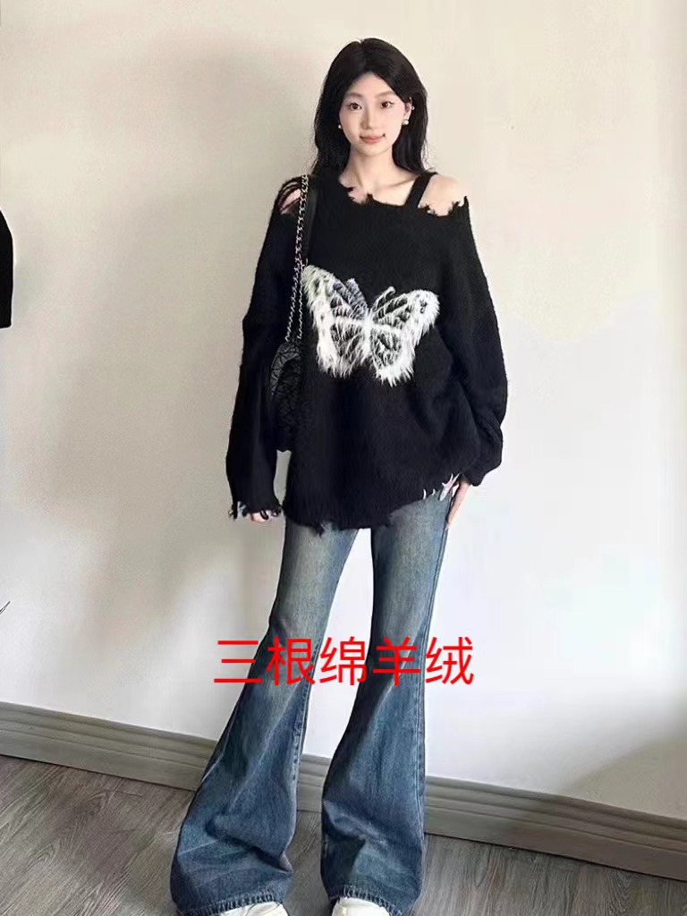 2023年新款毛絨蝴蝶結慵懶風毛衣女寬鬆秋冬設計感破洞針織衫上衣