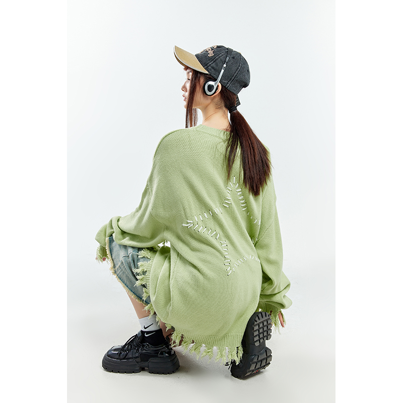 Green lazy style sweater for women autumn and winter 2023 new five-pointed star tassel loose round neck sweater jacket
