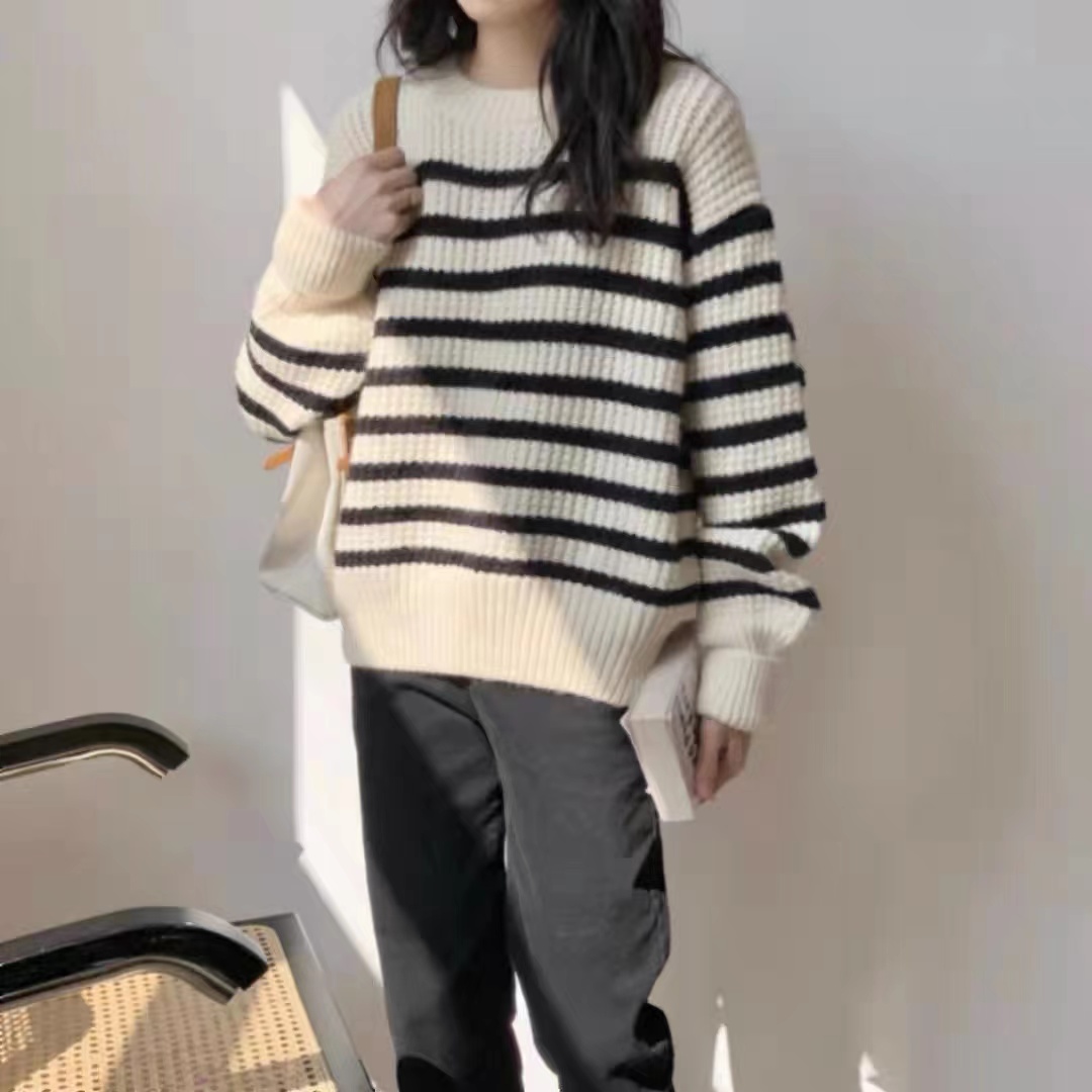 軟糯糯黑白條紋毛衣女寬鬆外穿慵懶風韓版百搭秋冬套頭圓領針織衫