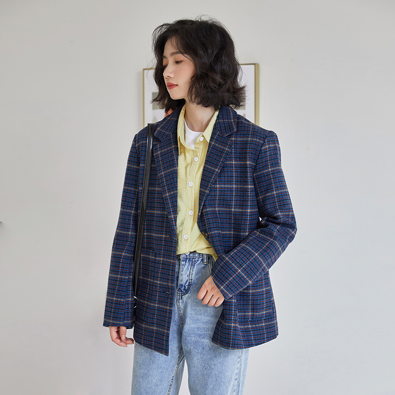 實拍2023秋冬季新款復古格子小西裝外套女港味短款西服