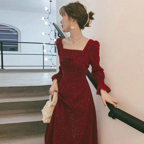 New spring and autumn mini dress, long, elegant, square-necked burgundy dress, waist slimming, can be worn at ordinary times