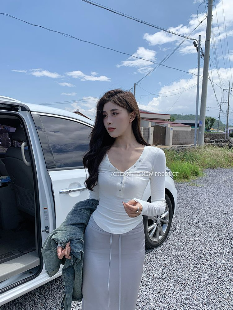 實拍-2023韓版辣妹純欲短款上衣女內搭修身顯瘦打底衫長袖T恤ins
