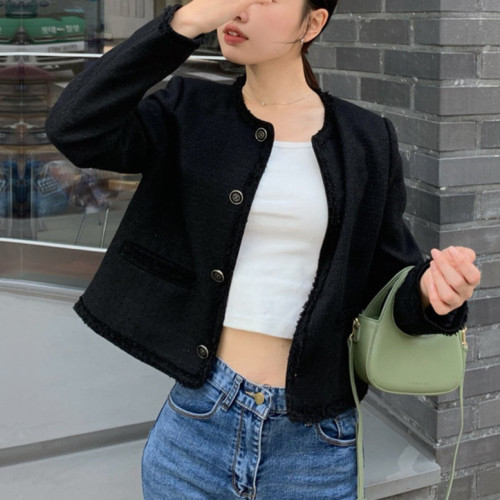 Xiaoxiangfeng round neck flow combed raw edge jacket top  new small slim temperament short coat for women Gary