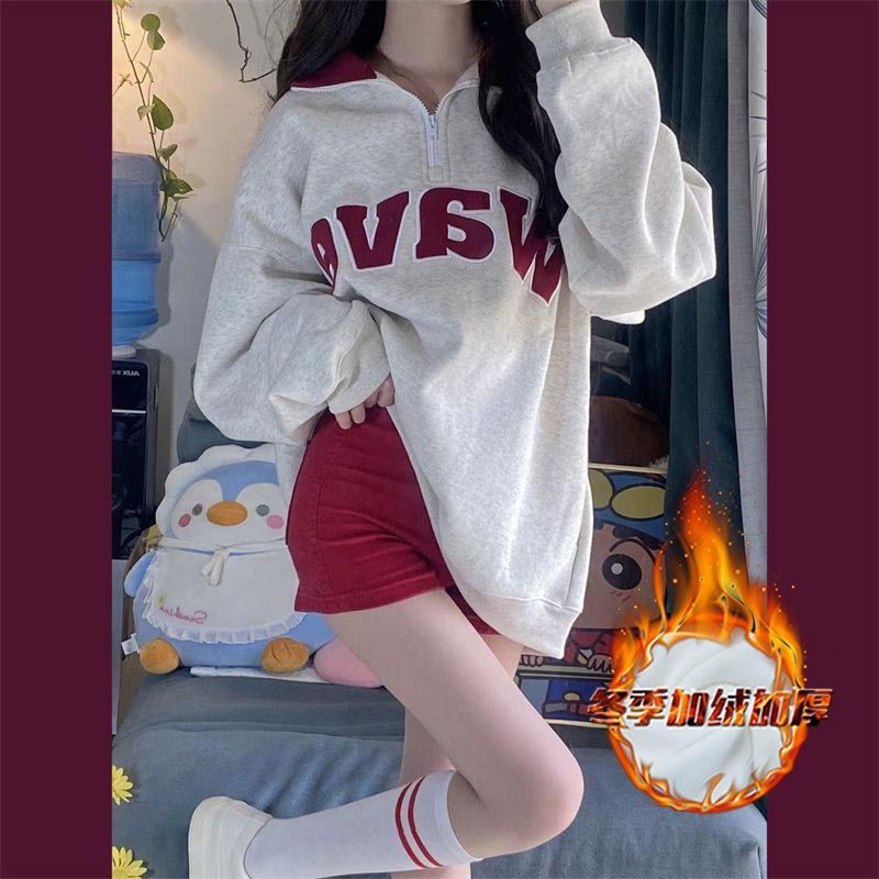 American retro polo collar sweatshirt for women, autumn and winter design, niche plus velvet and thickened high street chic Hong Kong style top