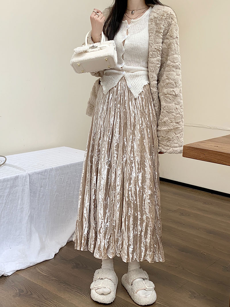 Actual shot ~ 2023 new autumn Korean style velvet pleated skirt elastic waist large swing skirt long skirt for women