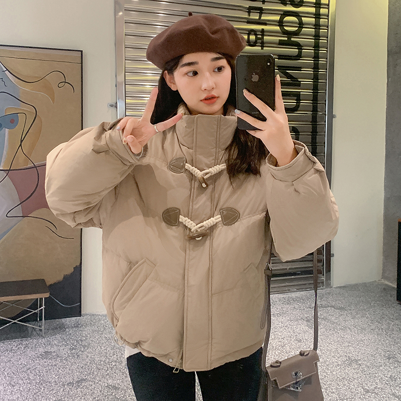 Actual shot of 2023 new Korean style horn button down jacket for women, short stand collar, thickened cotton jacket, winter jacket