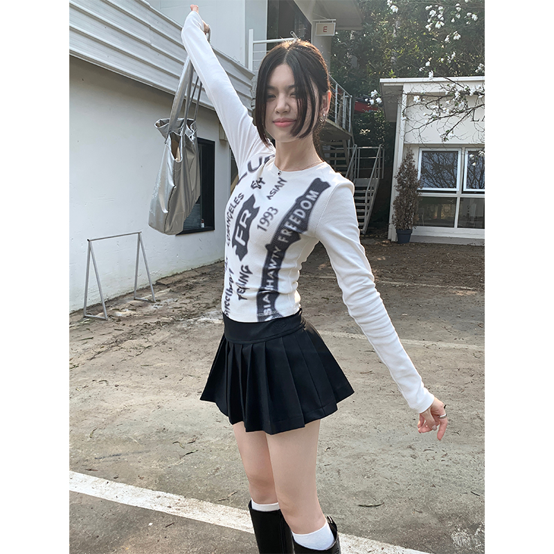 實拍美式字母印花針織長袖T恤女修身復古小個字印花小眾打底衫