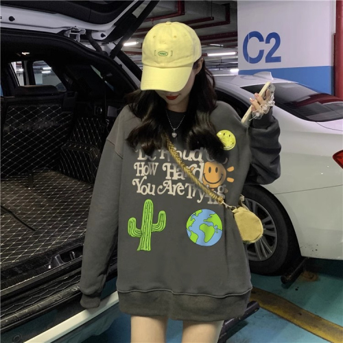2023 Spring, Autumn and Winter Women's Sweater Cartoon Print Niche Loose Top Mid-Length Round Neck Long Sleeve Fashionable