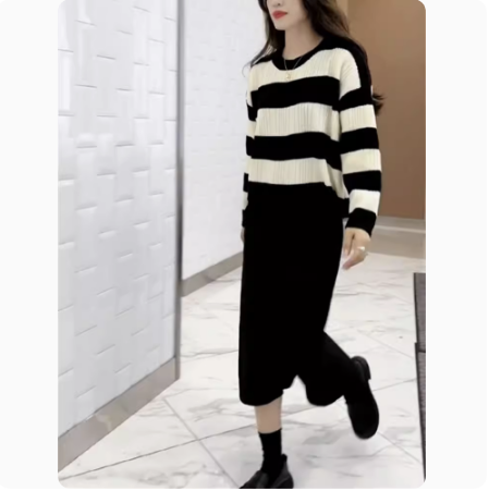 條紋針織衫加厚毛衣半身裙套裝女2023秋裝新款休閒寬鬆顯瘦兩件套