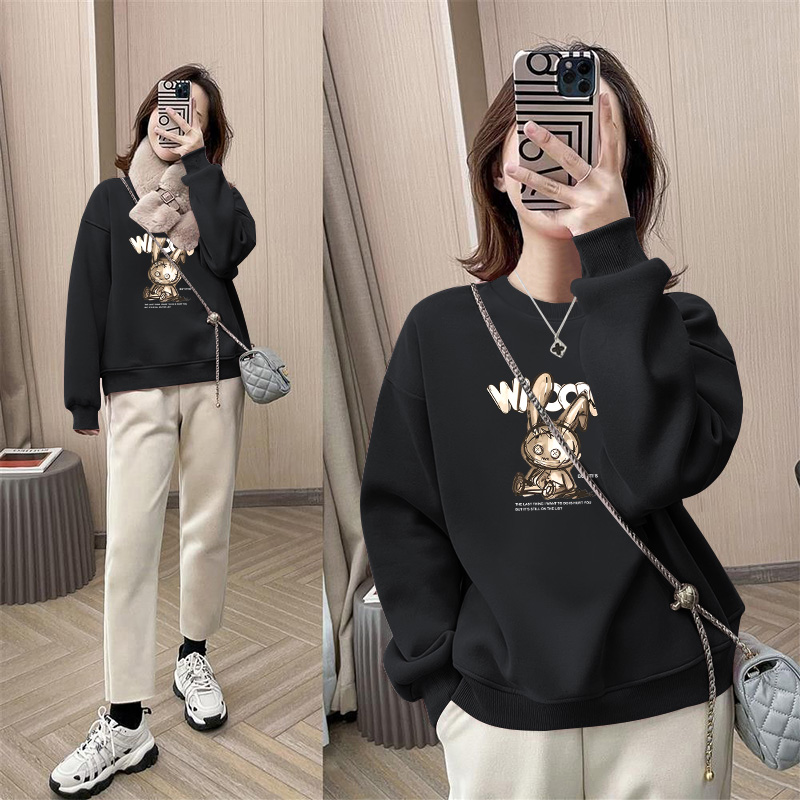 Round neck sweatshirt for women 2023 new European style beautiful loose plus velvet rabbit pullover thin autumn top jacket trendy