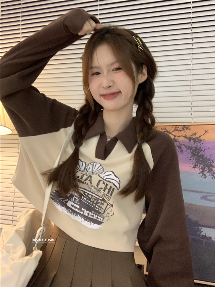 美式復古POLO領短款加絨衛衣女2023春裝新款小個子寬鬆上衣ins潮