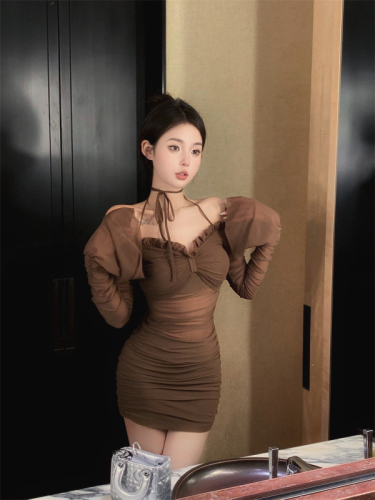 Real shot~Pure hot girl style off-shoulder long-sleeved suspender dress for women pleated gauze sexy hip-covering short skirt