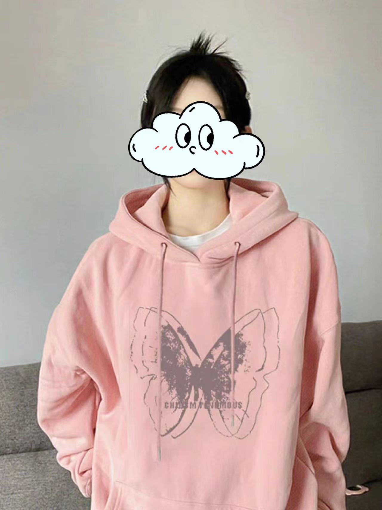 CVC棉麵食毛華棉複合/牛奶絲300克銀狐絨400克前 印花連帽衛衣女