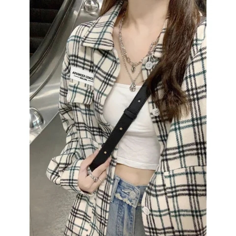 鹽系chic別致設計感格子襯衫女秋冬季小個子加厚磨毛寬鬆開衫外套