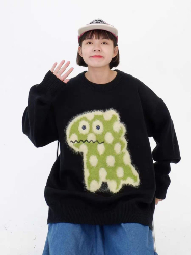 Cartoon Cute Bear  Autumn/Winter New Loose Matchmaking Couples Round Neck Long Sleeve Knit Top Sweater for Women
