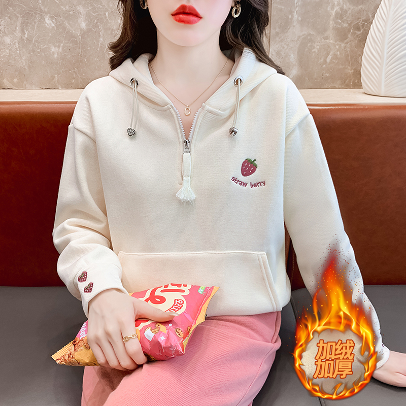 半拉鏈連帽加絨加厚衛衣女2023冬季新款美式oversize上衣帽衫