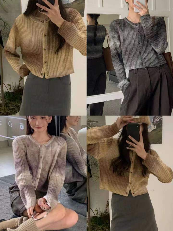 十三行女裝秋冬新款時尚氣質減齡復古漸變暈染長袖針織開衫上衣壹
