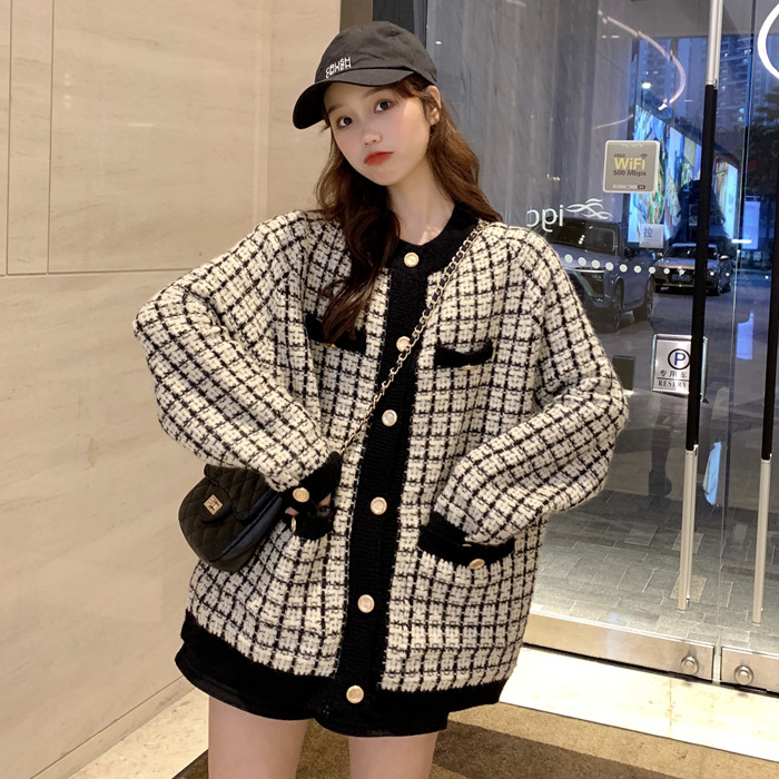 秋冬裝港風ins氣質法式小香風古着格子外套百搭寬鬆慵懶上衣女潮