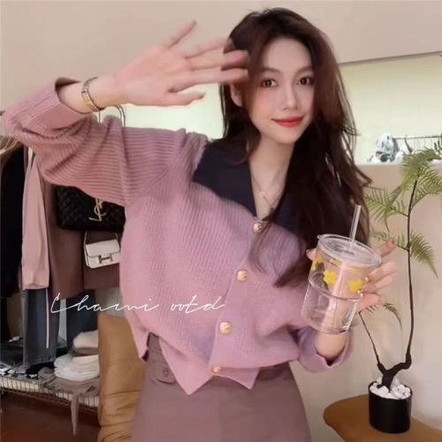 2023 Women's Wear Gentle Temperament Contrast Color Lapel Small Gold Button Sweater Cardigan Small Fragrance Style Knitted Sweater Jacket