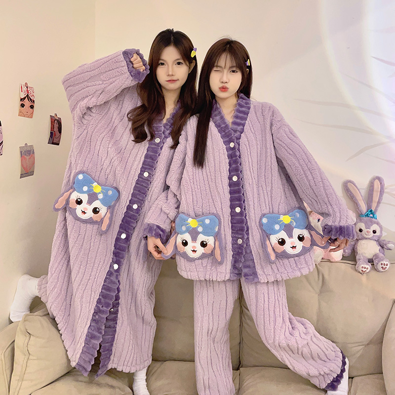 實拍秋冬季新款提花絨睡衣女可愛卡通家居服睡袍閨蜜套裝