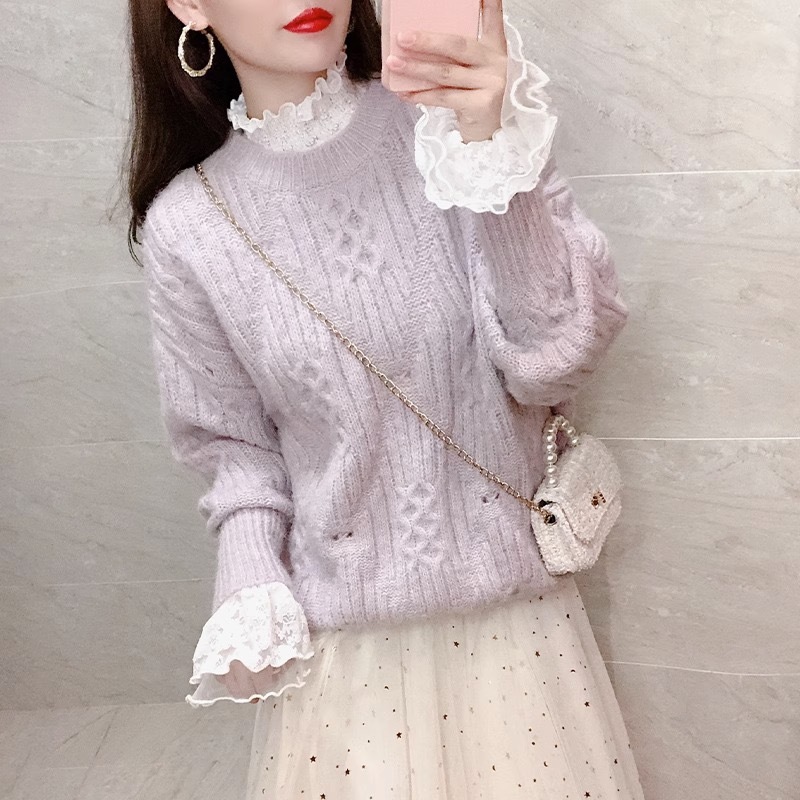 Fungus high-neck lace bottoming shirt for women, autumn and winter style long-sleeved sweater with lotus leaf trumpet autumn and winter mesh top